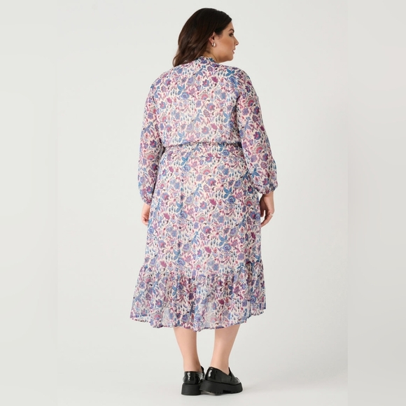 Dex Plus Gracie Contrast Trim Midi Boho Dress Purple Long Sleeve Size 1X Smocked - Picture 12 of 13